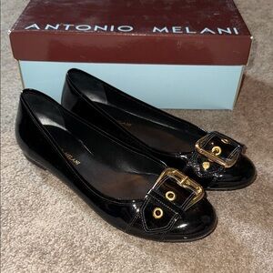 Antonio Melani Black Patent Leather Flats with Gold Buckle